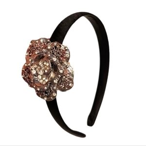 FLORAL Headband crystal embellished, black sateen band, silvertone flower